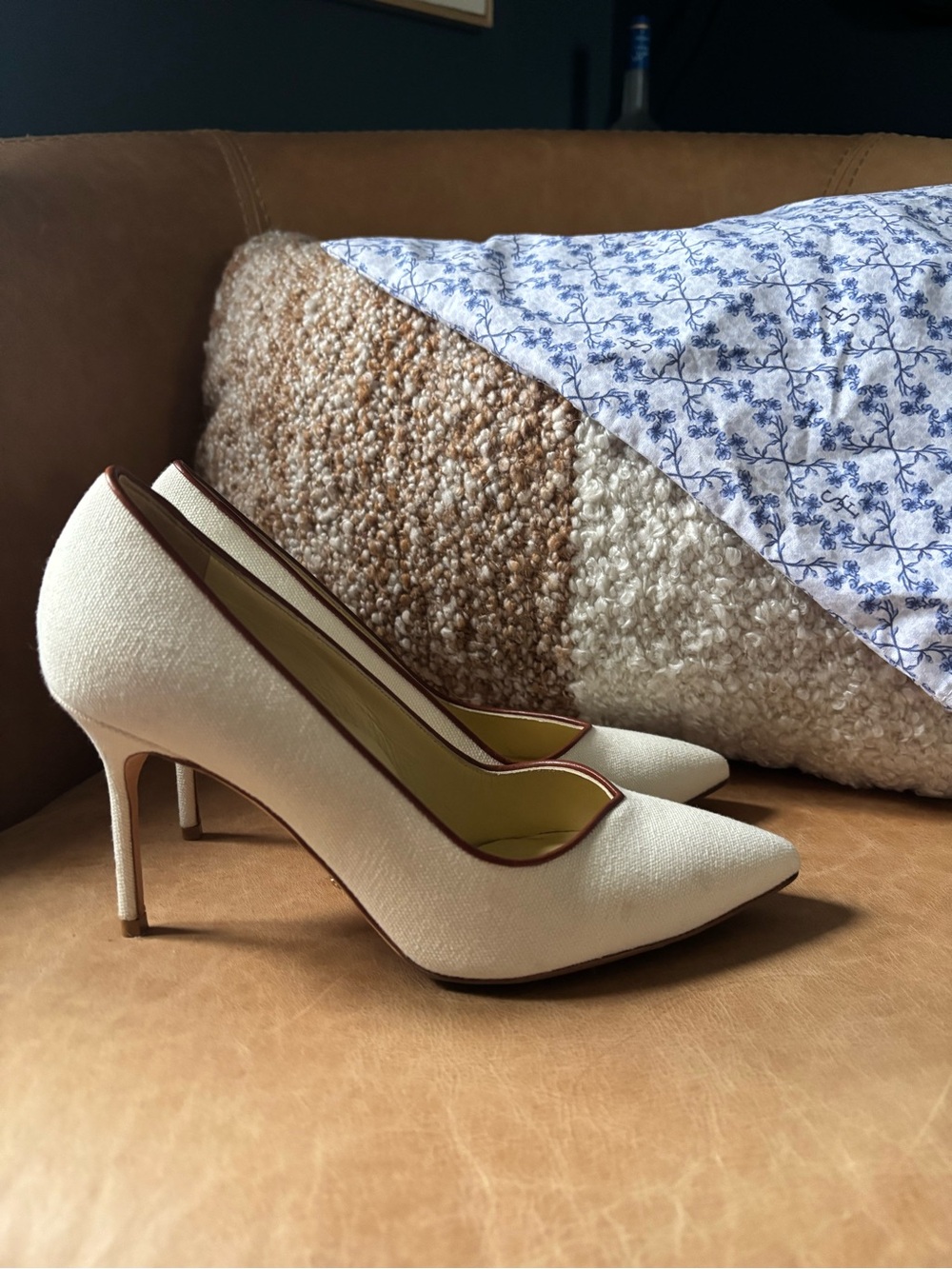 Sarah Flint Ivory Pointed-Toe Pumps with Brown Trim - Picture 2 of 5